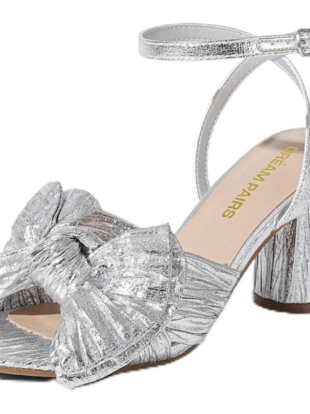 🆕Women's Silver Bow Knot Heeled Sandals, Chunky Block Heels, Open Toe Slingback